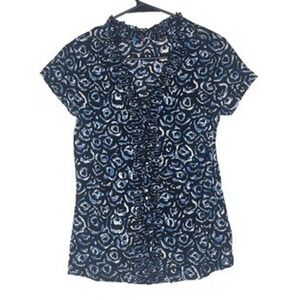 Retro Womens Blouse Blue Geometric Y2K Funky Abstract Ruffle V Neck Size S